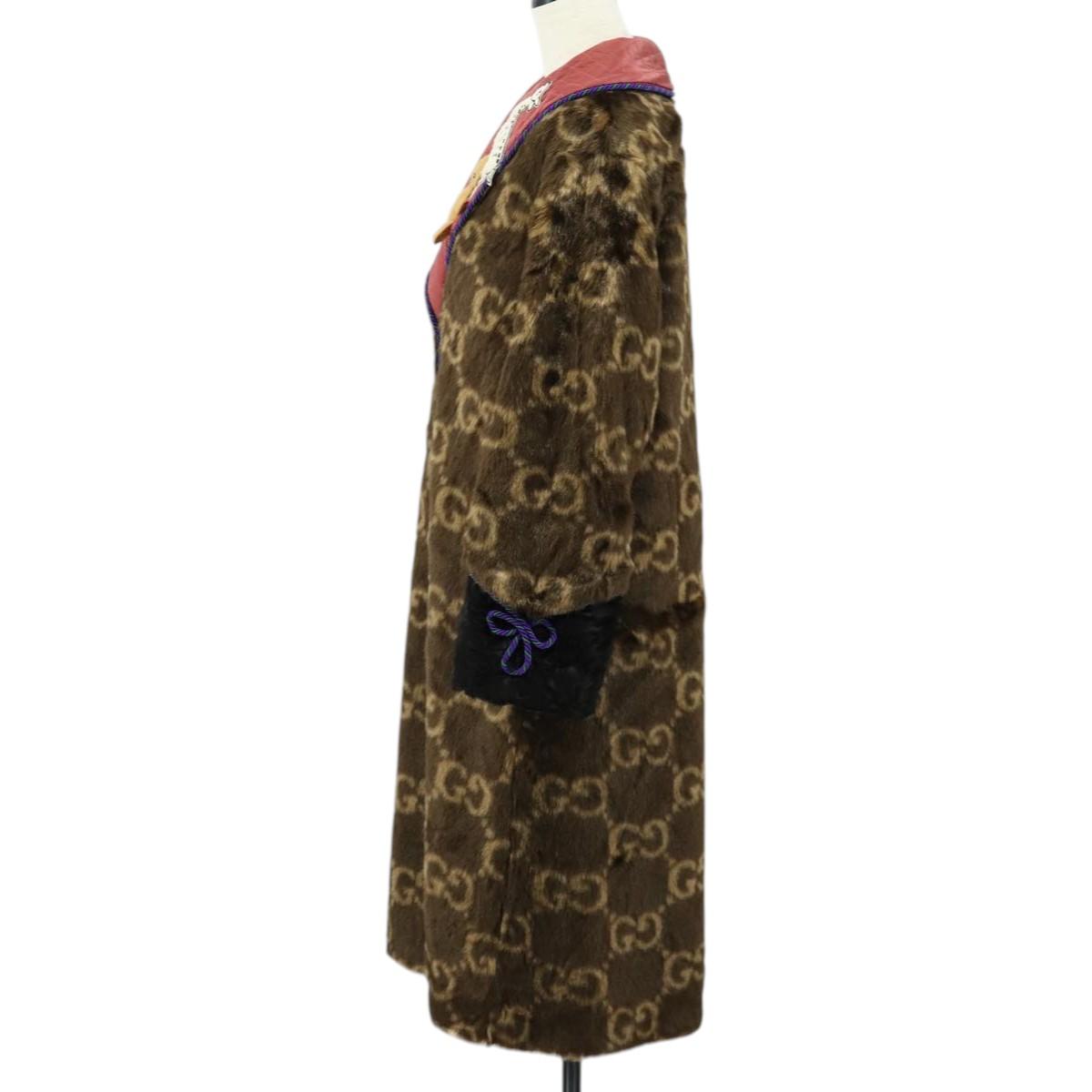 GUCCI ブラウン毛皮フォックスフード付きバンブーボタンコート　４０ GUCCI GG Canvas Fur Coat Teddy Bear Applique Jacket Brown Auth