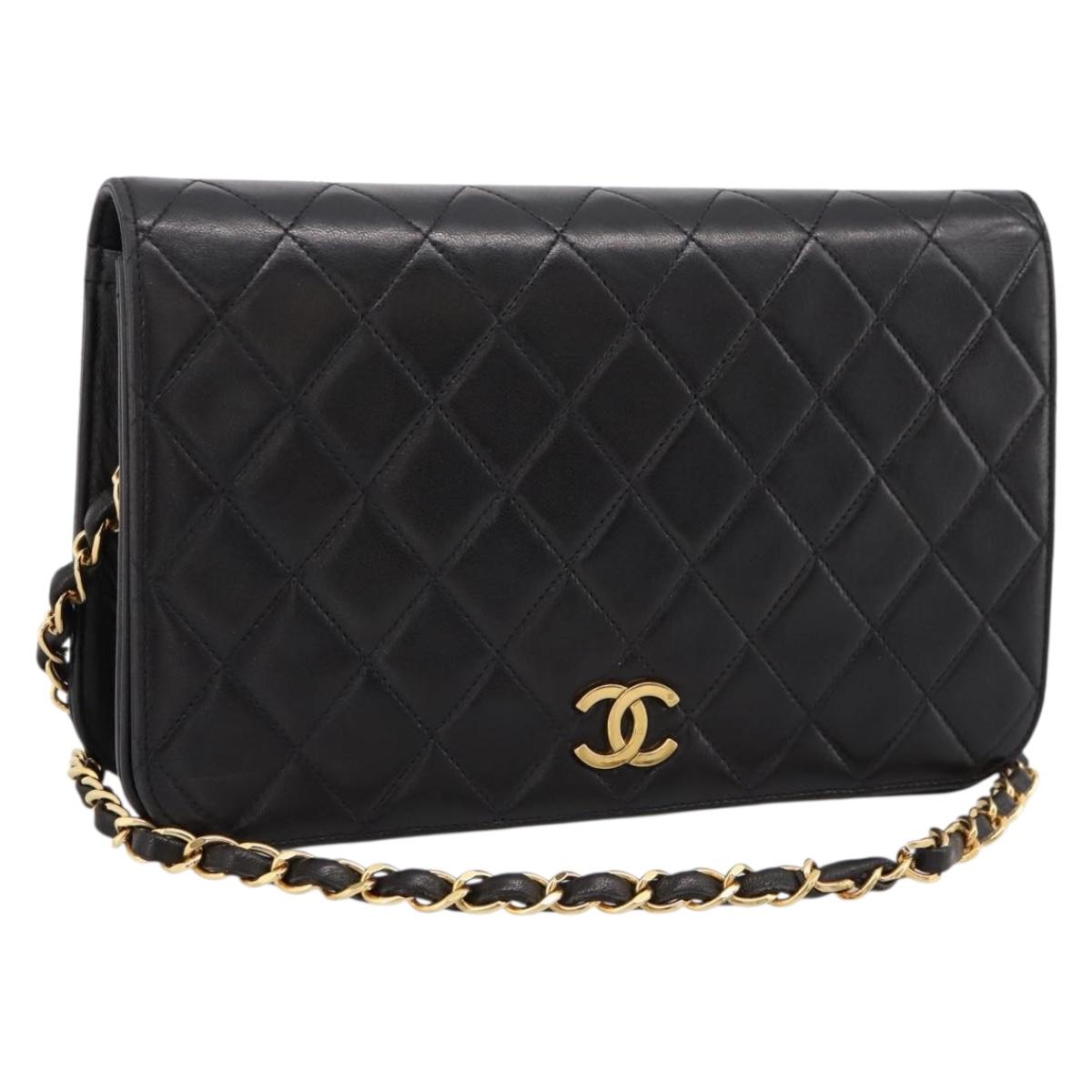 CHANEL Chain Matelasse Shoulder Bag Lamb Skin Black Gold CC Auth