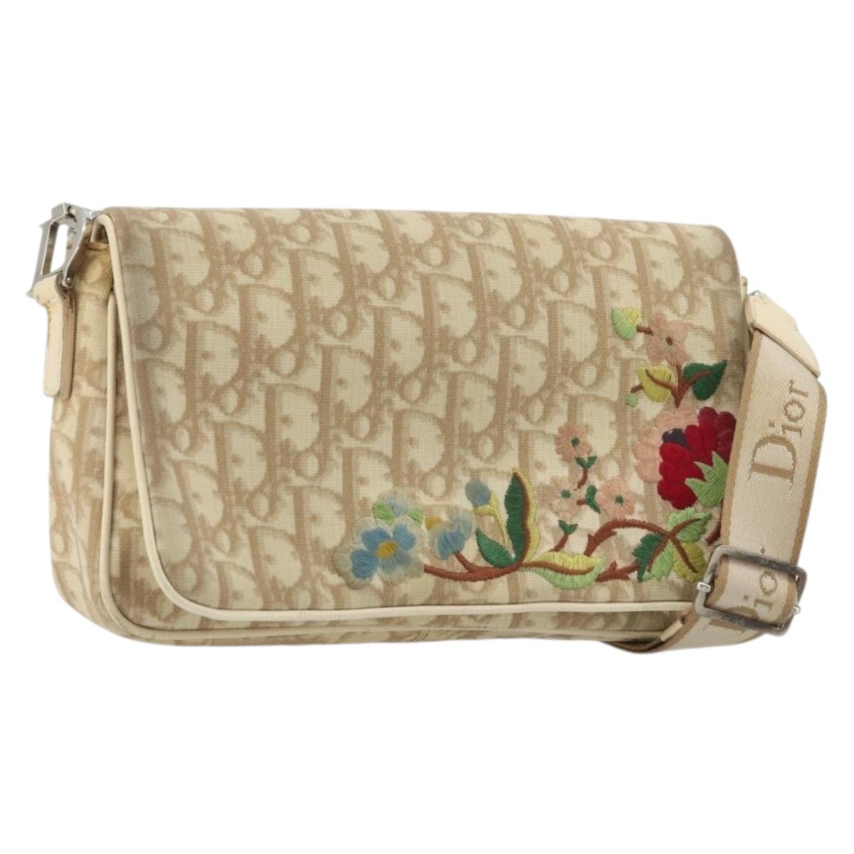Christian Dior Trotter Canvas Shoulder Bag PVC Beige Silver Auth
