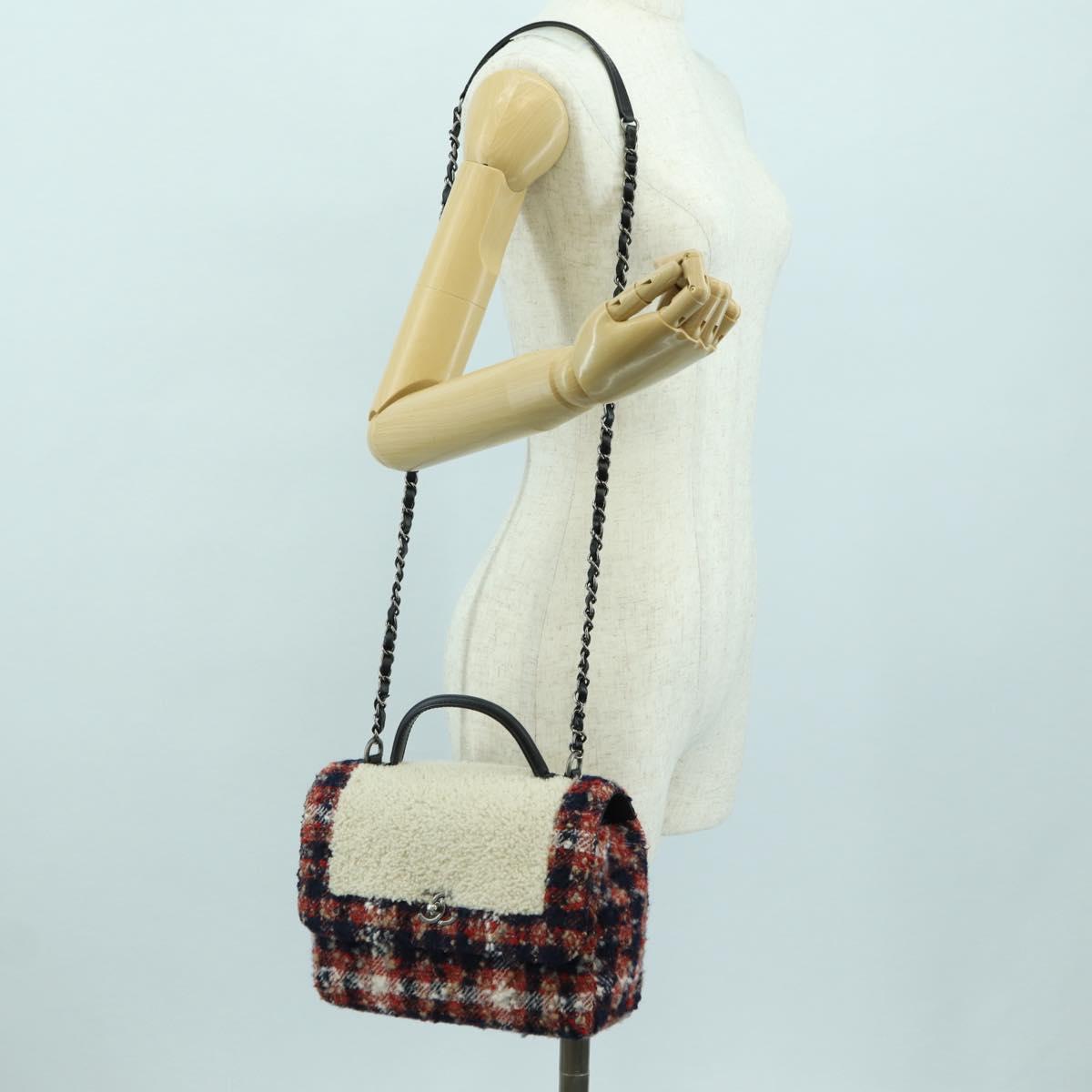 CHANEL Top Handle 25 Chain Bag Tweed Multicolor Silver CC Auth