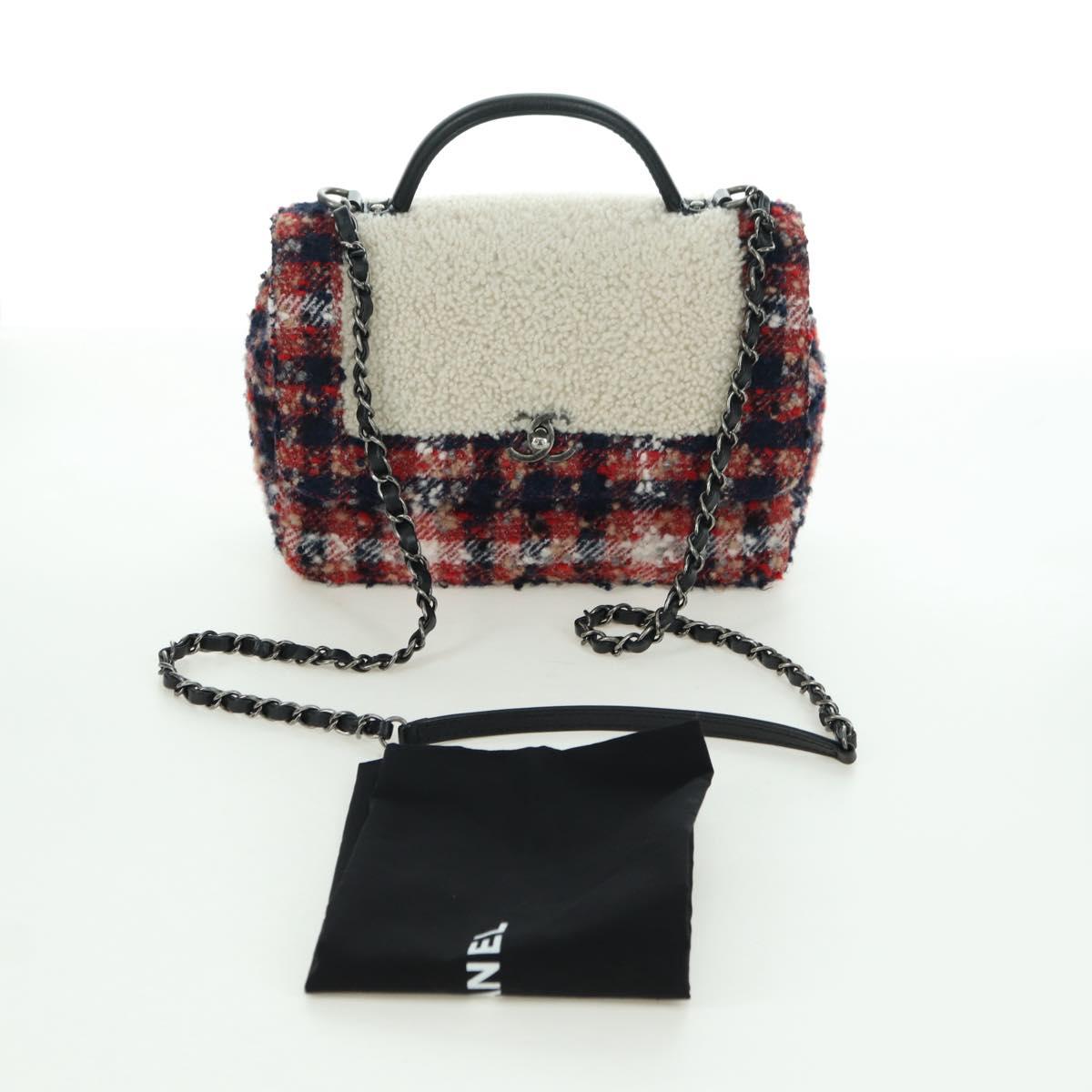 CHANEL Top Handle 25 Chain Bag Tweed Multicolor Silver CC Auth