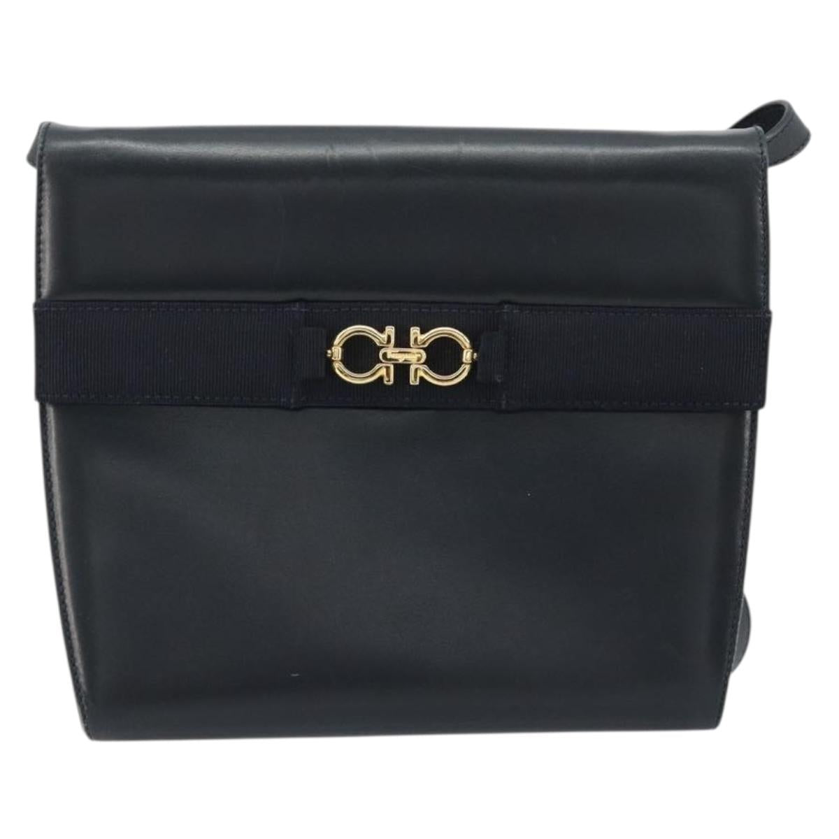 Salvatore Ferragamo Gancini Shoulder Bag Leather Navy Gold Auth